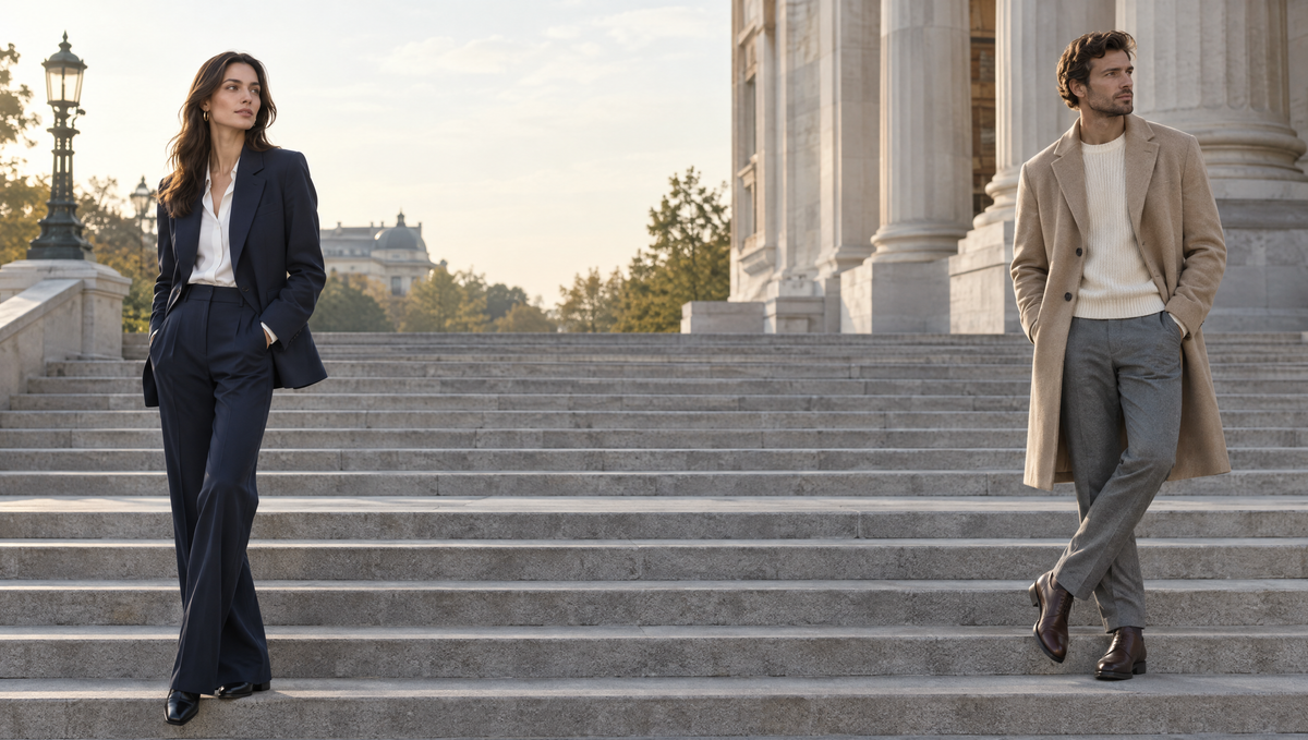 Woman in a navy trouser suit and man in a beige coat on wide stone steps
